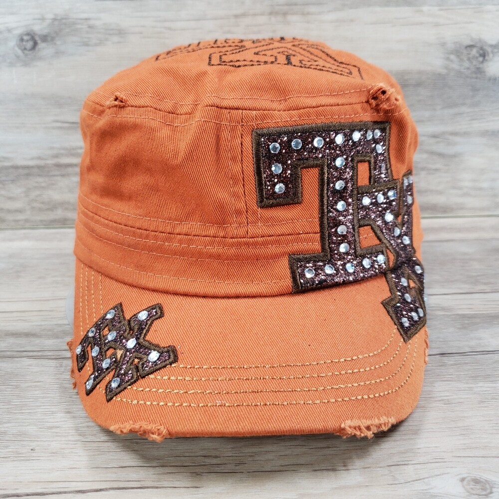 Texas Hat Cadet Cap Strap Back Pitbull Orange TX Bling Lettered Cotton Womens